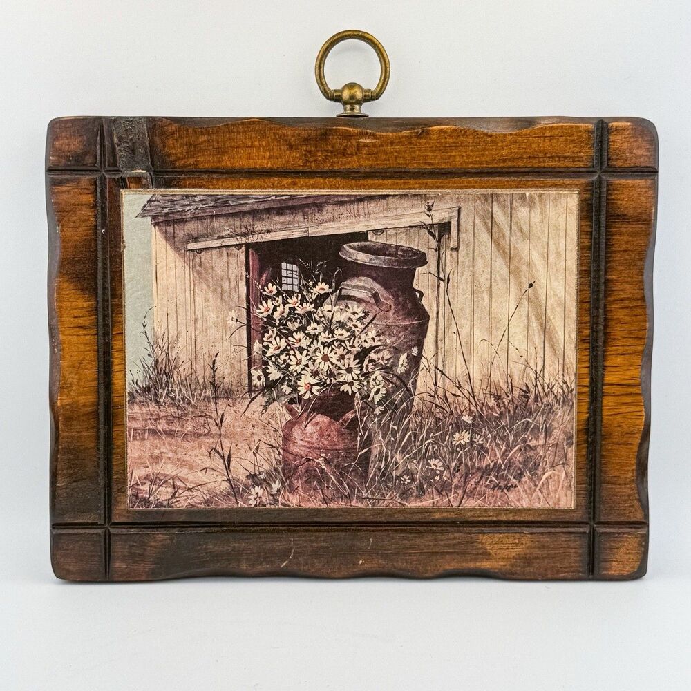 Vintage Rustic Barn Print Daisy Flowers – Wooden Frame Farmhouse MCM Decor